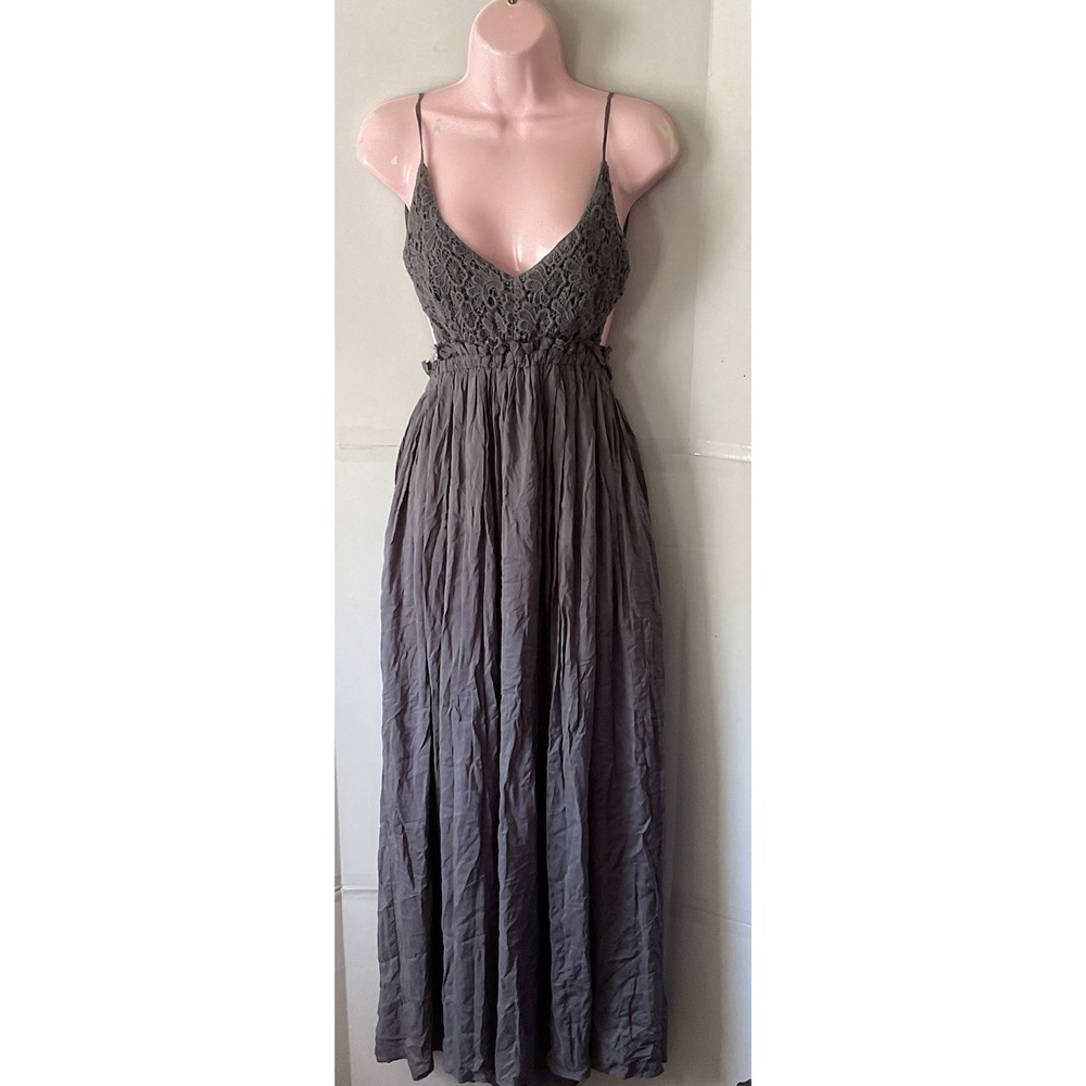 WISHLIST Maxi Dress Large Gauzy Gray  BOHO Flowing  Crochet Fairy Empire Waist